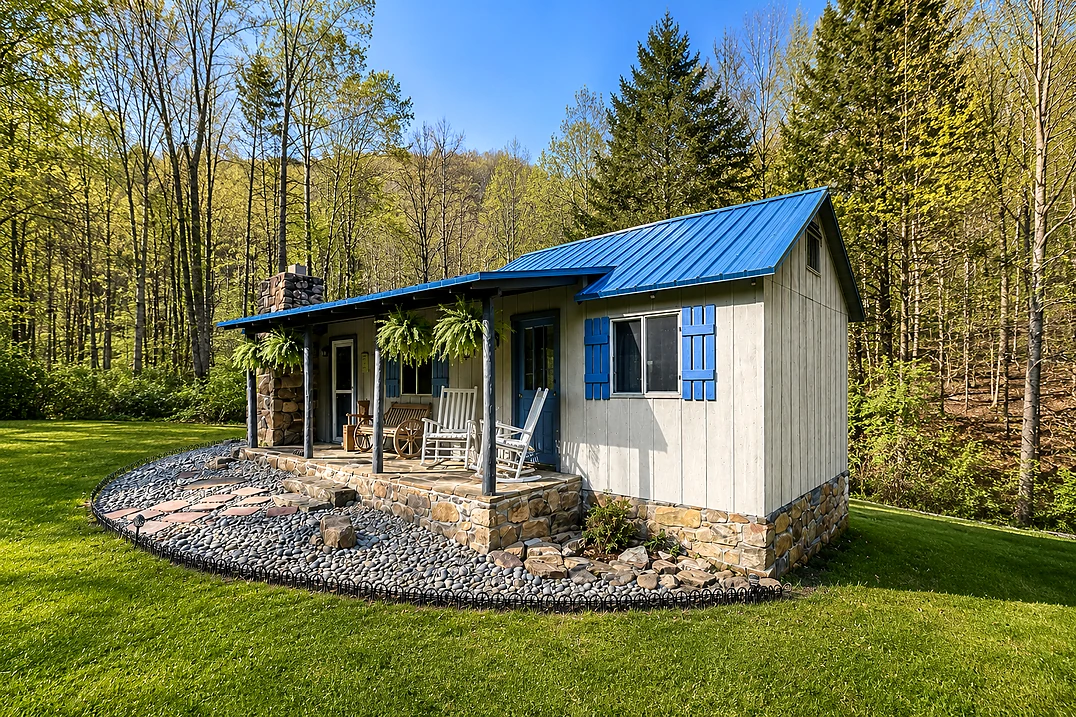 Actual photograph of a restored cabin at the wooded Palace of Dreams retreat property