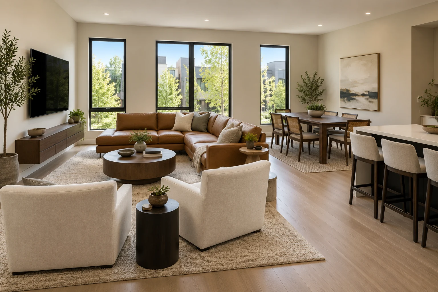 Concept visualization for Wonder Way showing a camel leather sectional, walnut furniture, and open-plan living dining